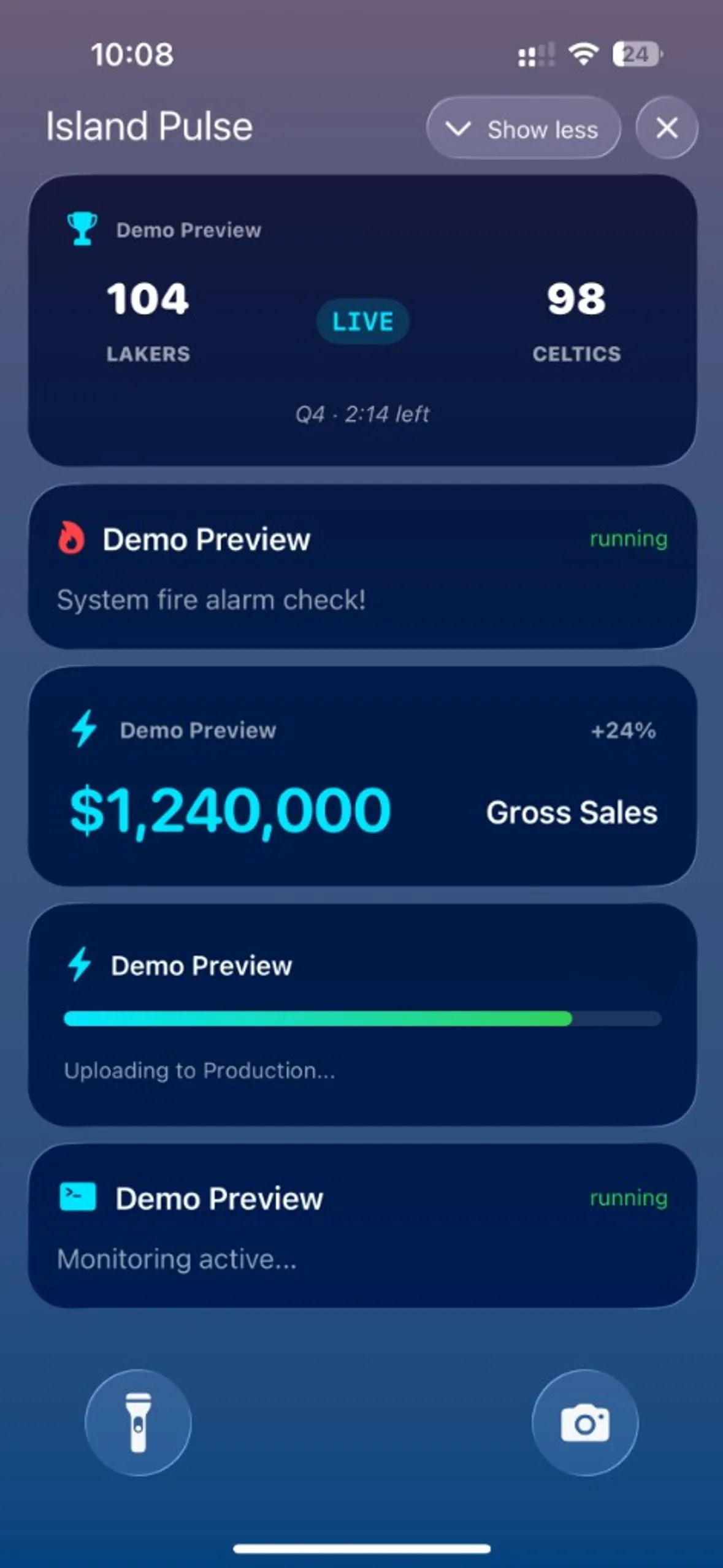 Island Pulse Live Activities on the iPhone Lock Screen: scores, metrics, progress, and status cards.